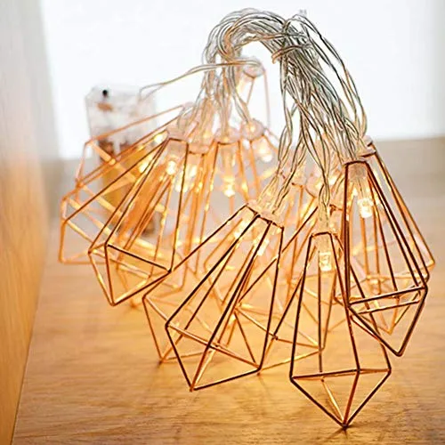 10 LED 6.6ft Diamond String Lights - Battery Operated - Geometric String Lights - Warm White - Rose Gold - 1 Pack