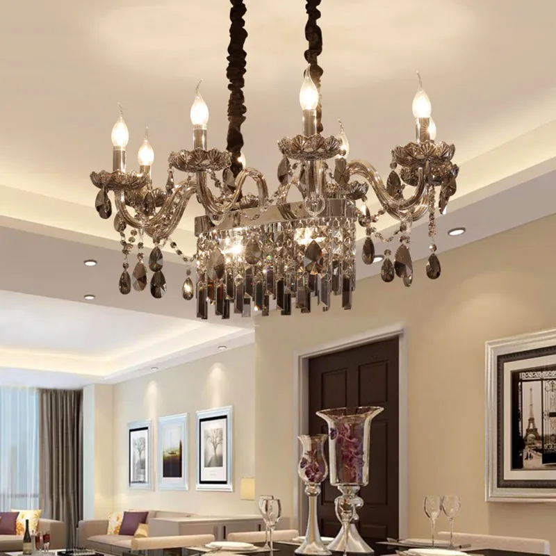 8-Light Island Pendant - Traditional Candelabra Style - Smoke Gray Crystal Suspension Lighting with Glass Lamp Saucer