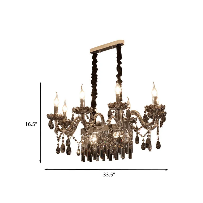 8-Light Island Pendant - Traditional Candelabra Style - Smoke Gray Crystal Suspension Lighting with Glass Lamp Saucer