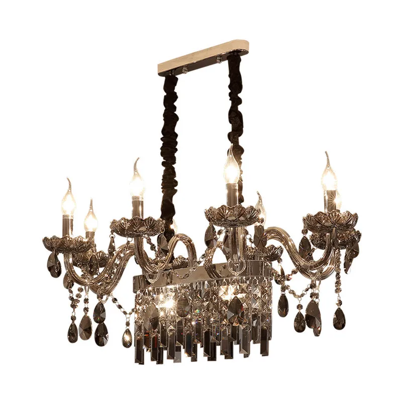 8-Light Island Pendant - Traditional Candelabra Style - Smoke Gray Crystal Suspension Lighting with Glass Lamp Saucer