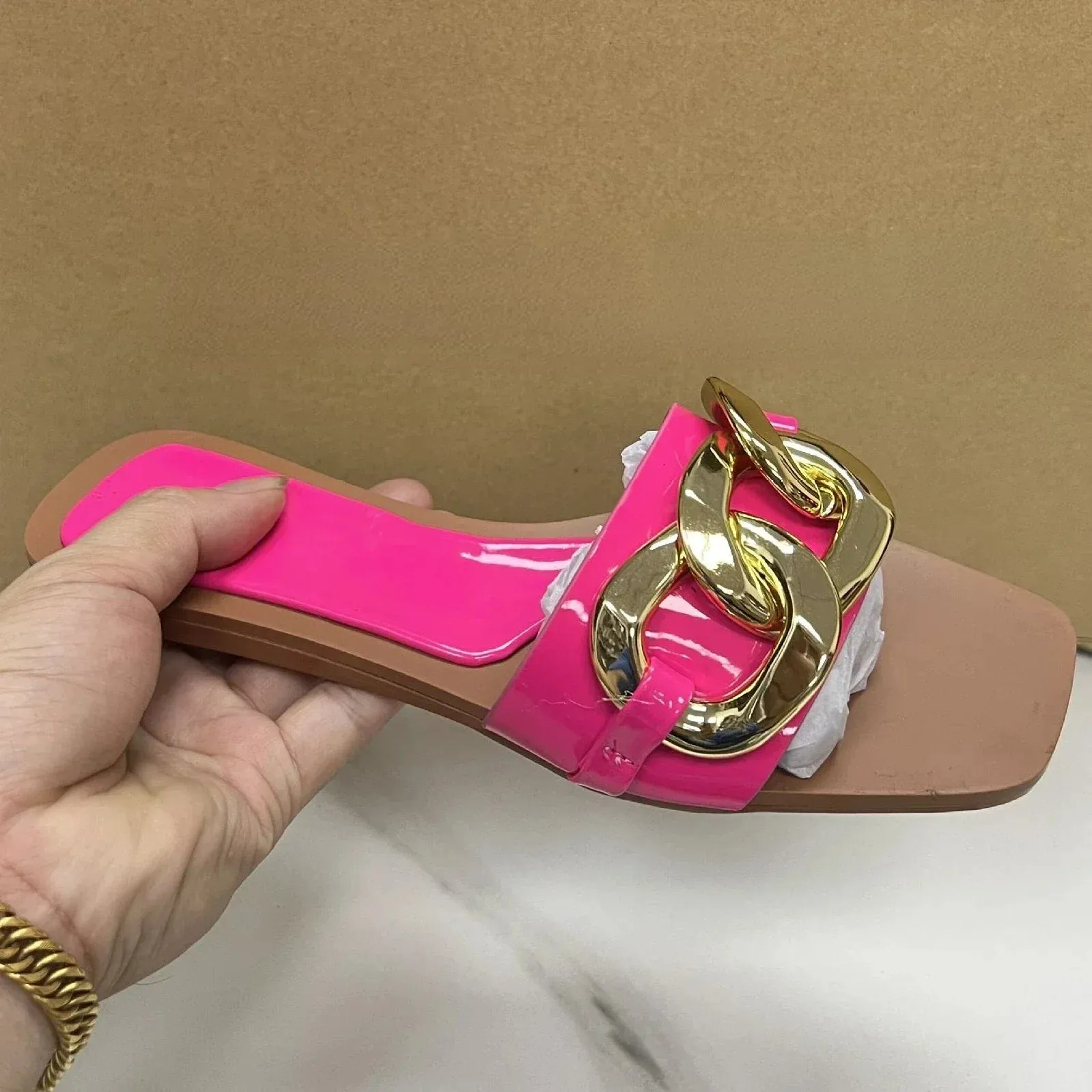 AMOZAE-- Ladies Slides with Metal Buckle Design