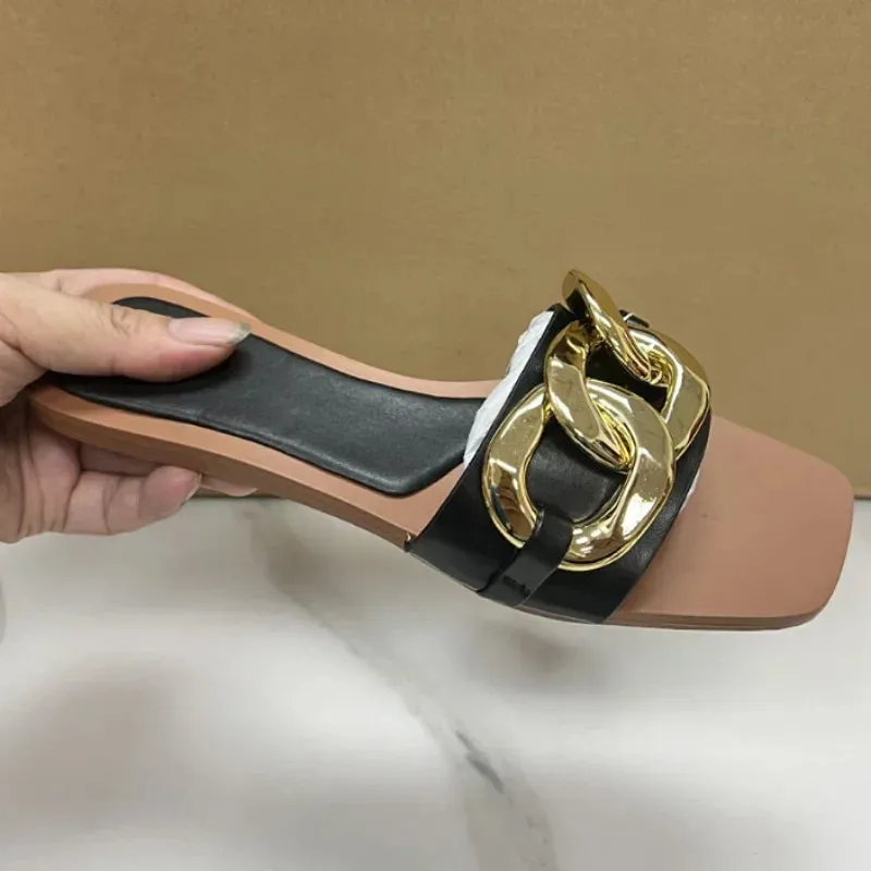 AMOZAE-- Ladies Slides with Metal Buckle Design