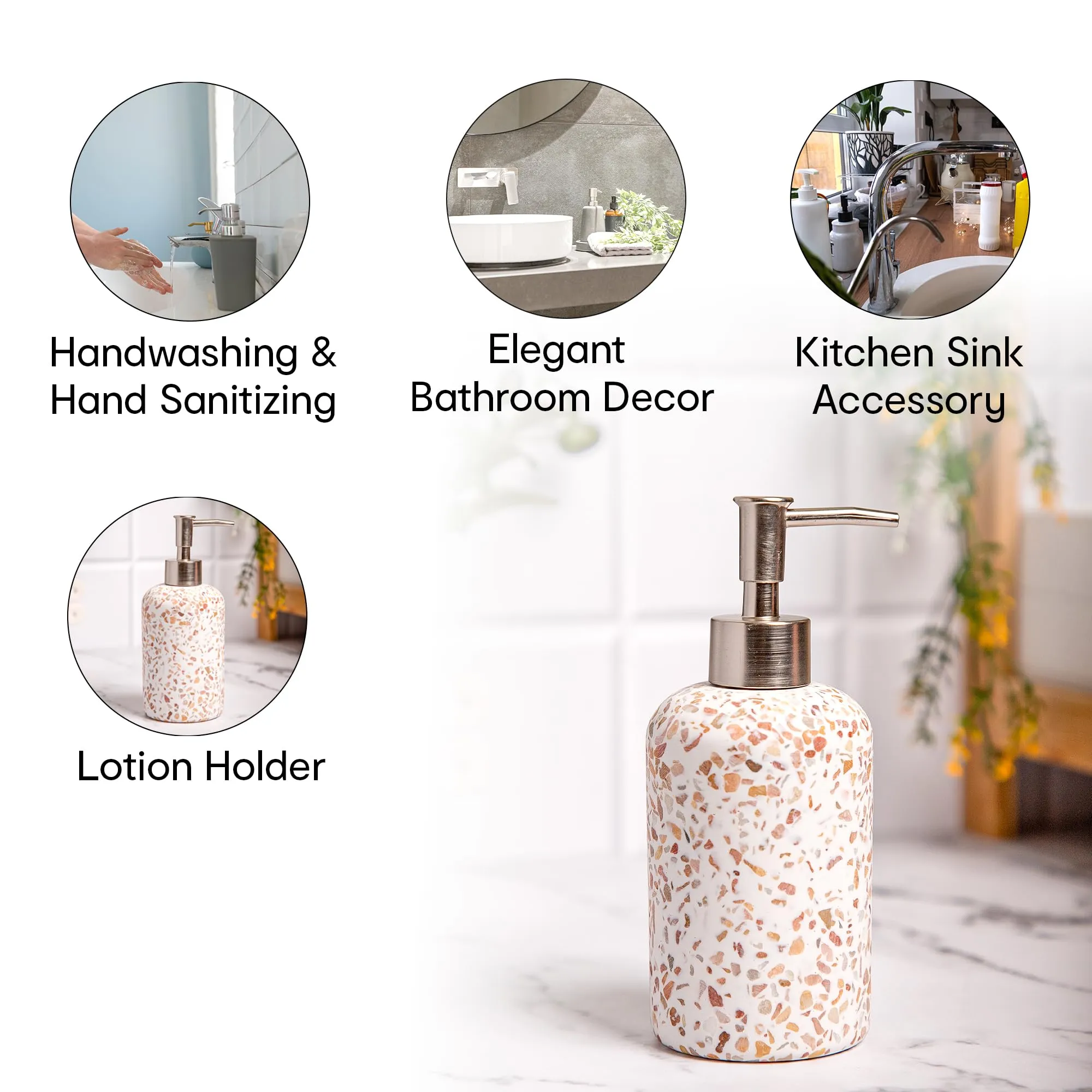 Anko Terrazzo Soap Dispenser - Set of 3| Stylish Bathroom Accessory with Terrazzo Design | 18cm Height, Pink Color