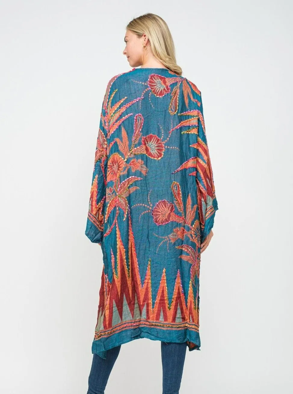 Arc-en- ciel Embroidered Teal Kimono with pockets