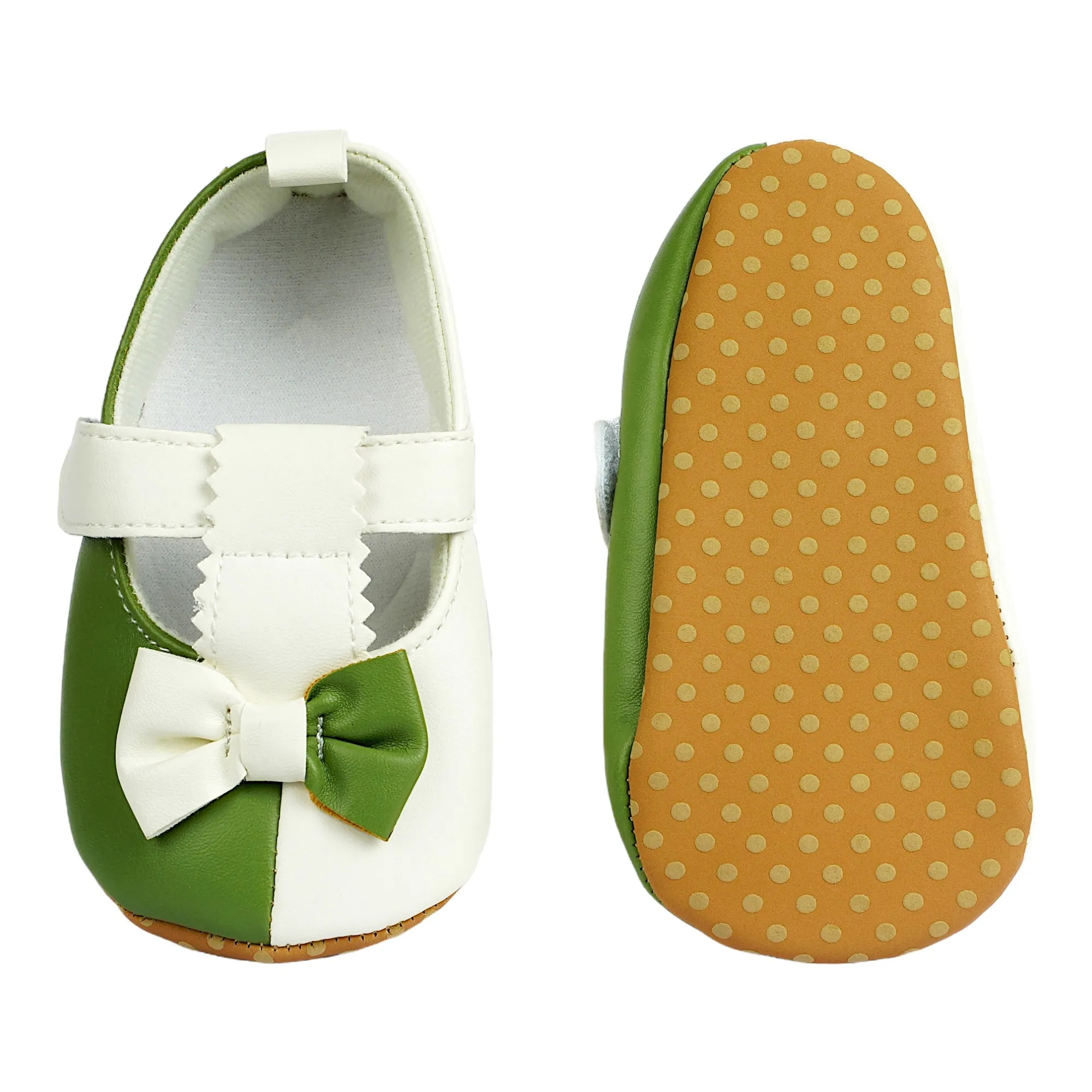 Baby Moo Colour Block Bow Velcro T-Strap Anti Skid- Ballerina Booties - Green, White