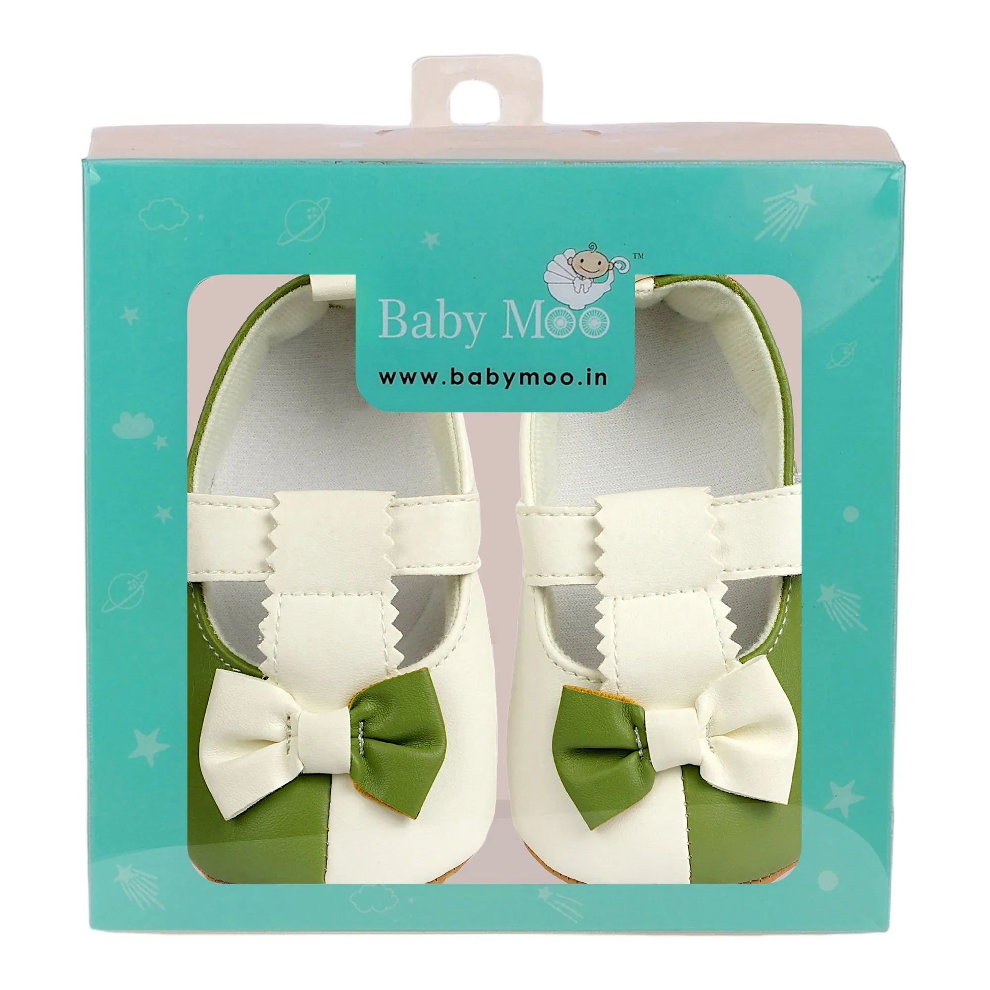 Baby Moo Colour Block Bow Velcro T-Strap Anti Skid- Ballerina Booties - Green, White