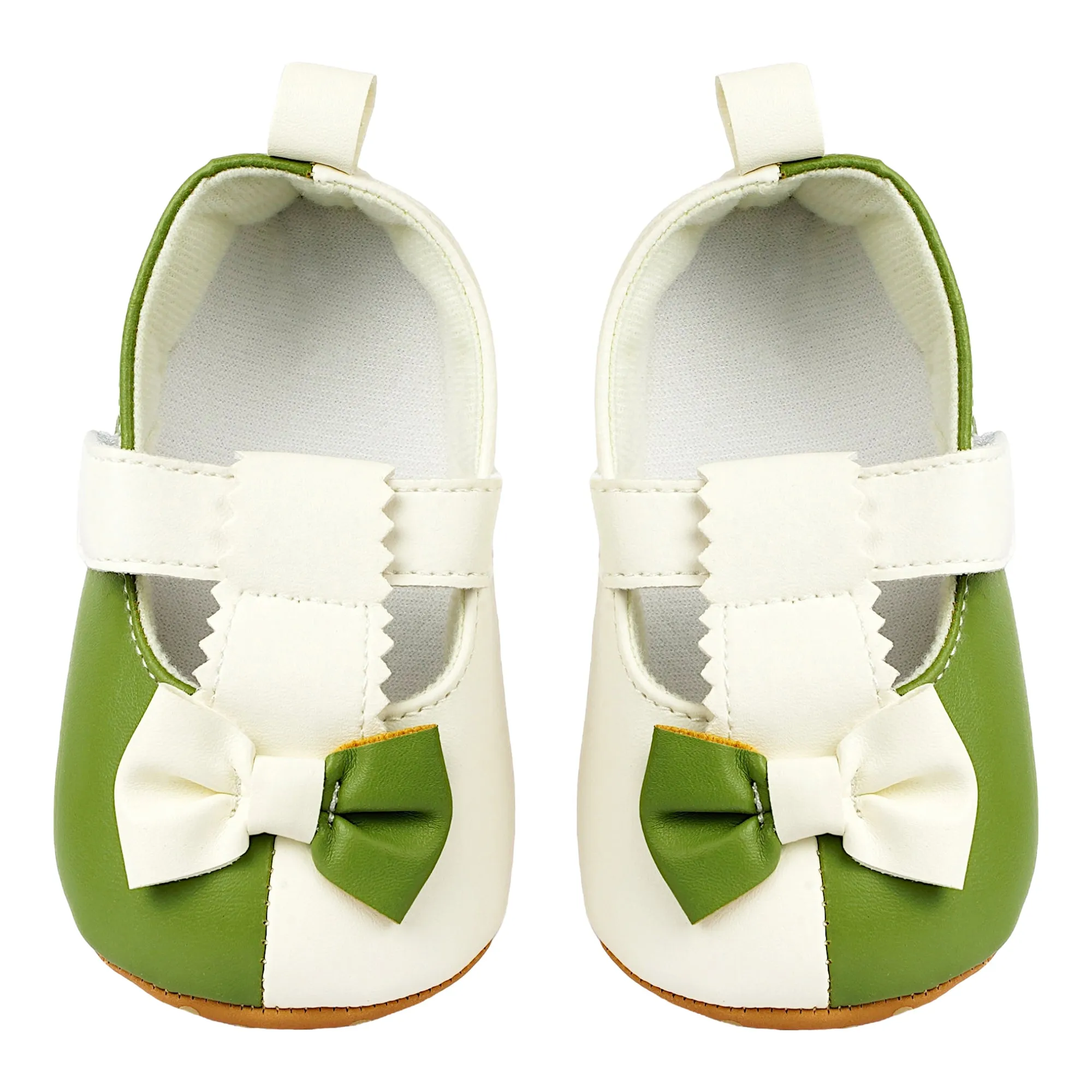 Baby Moo Colour Block Bow Velcro T-Strap Anti Skid- Ballerina Booties - Green, White