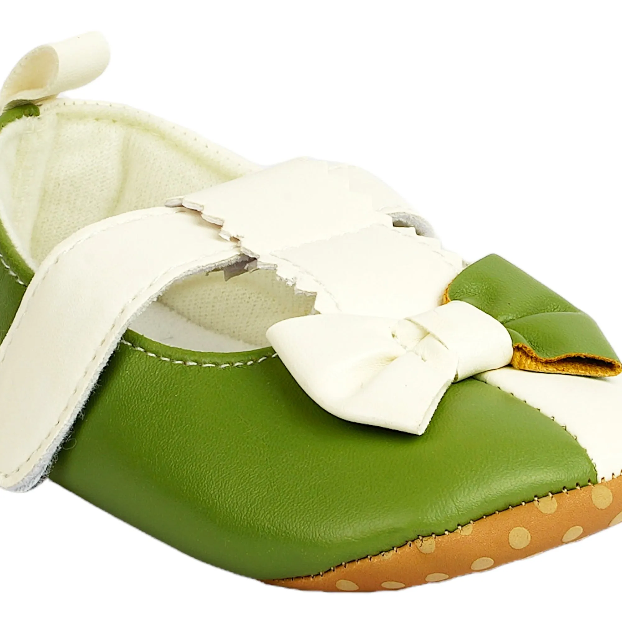 Baby Moo Colour Block Bow Velcro T-Strap Anti Skid- Ballerina Booties - Green, White