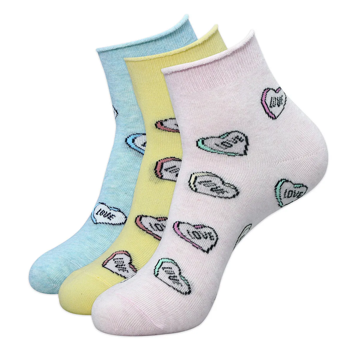 Balenzia Women Combed Cotton Ankle Length Love Socks (Free Size)(Pack of 3/1U)- Green,Yellow,Pink