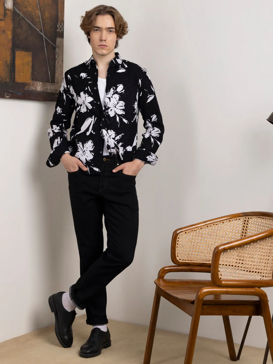 Black Floral Printed Overshirt