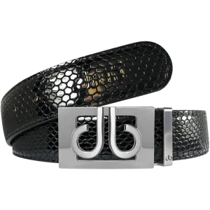 Black Snakeskin Textured Leather Belt with Silver thru Buckle