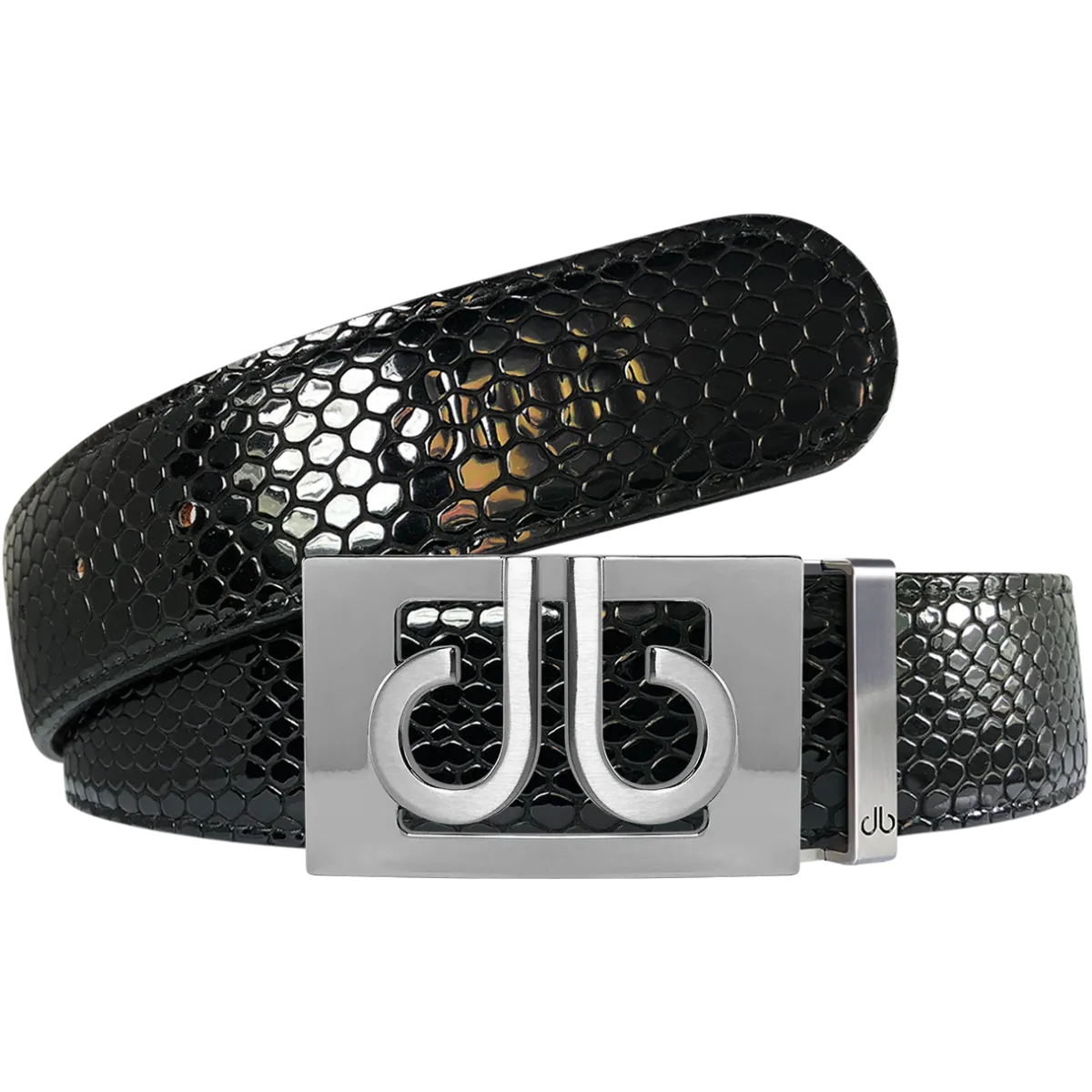 Black Snakeskin Textured Leather Belt with Silver thru Buckle