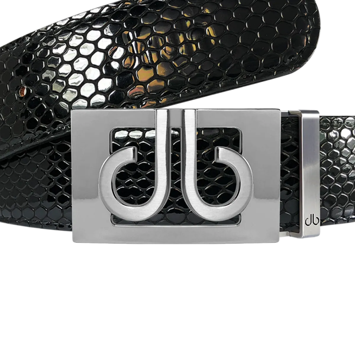 Black Snakeskin Textured Leather Belt with Silver thru Buckle