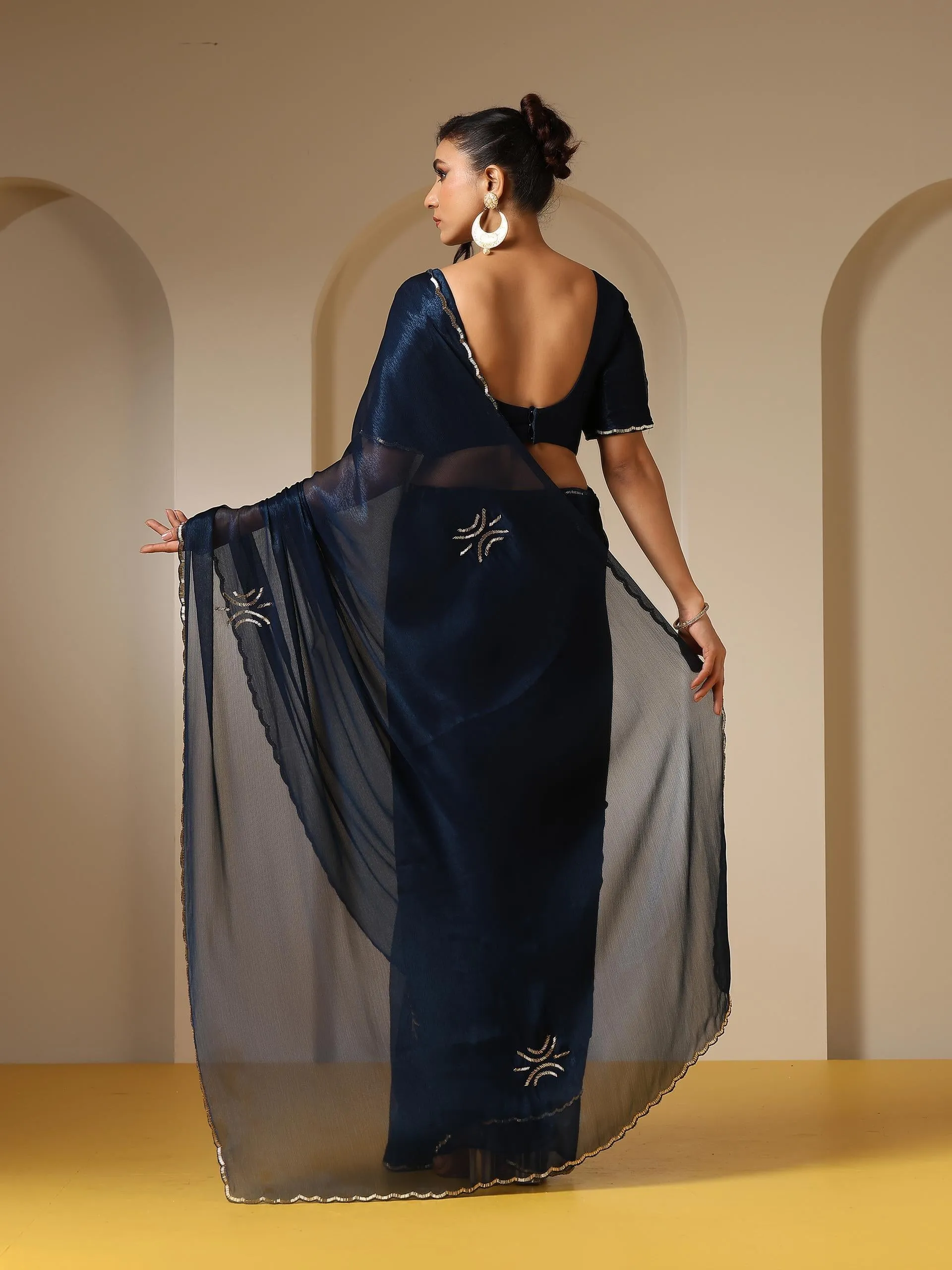 Blue Gold Beaded Radiance Shimmer Chiffon Saree with Beaded Blouse Fabric