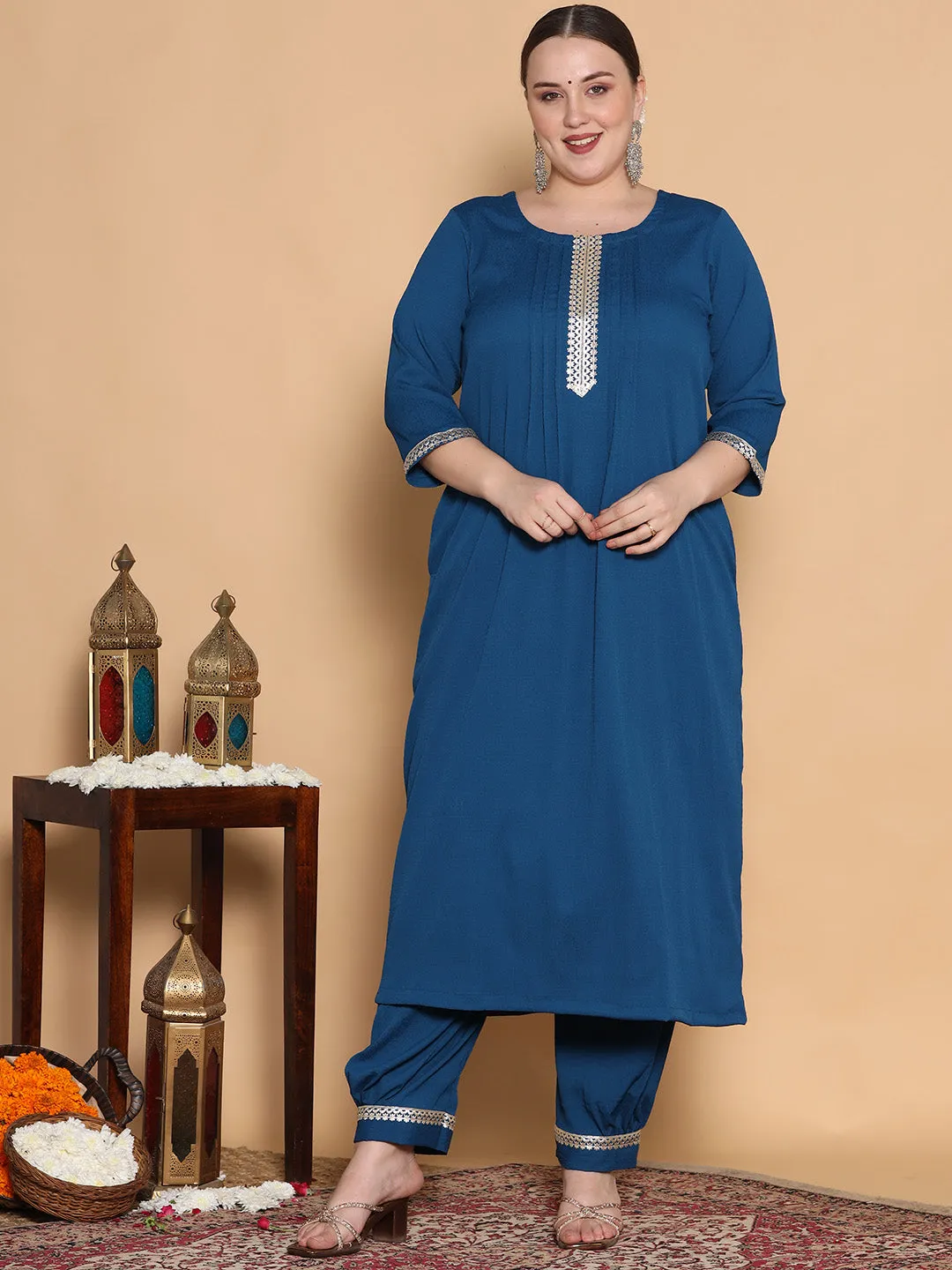 Blue Textured Afghani Salwar - Embellished