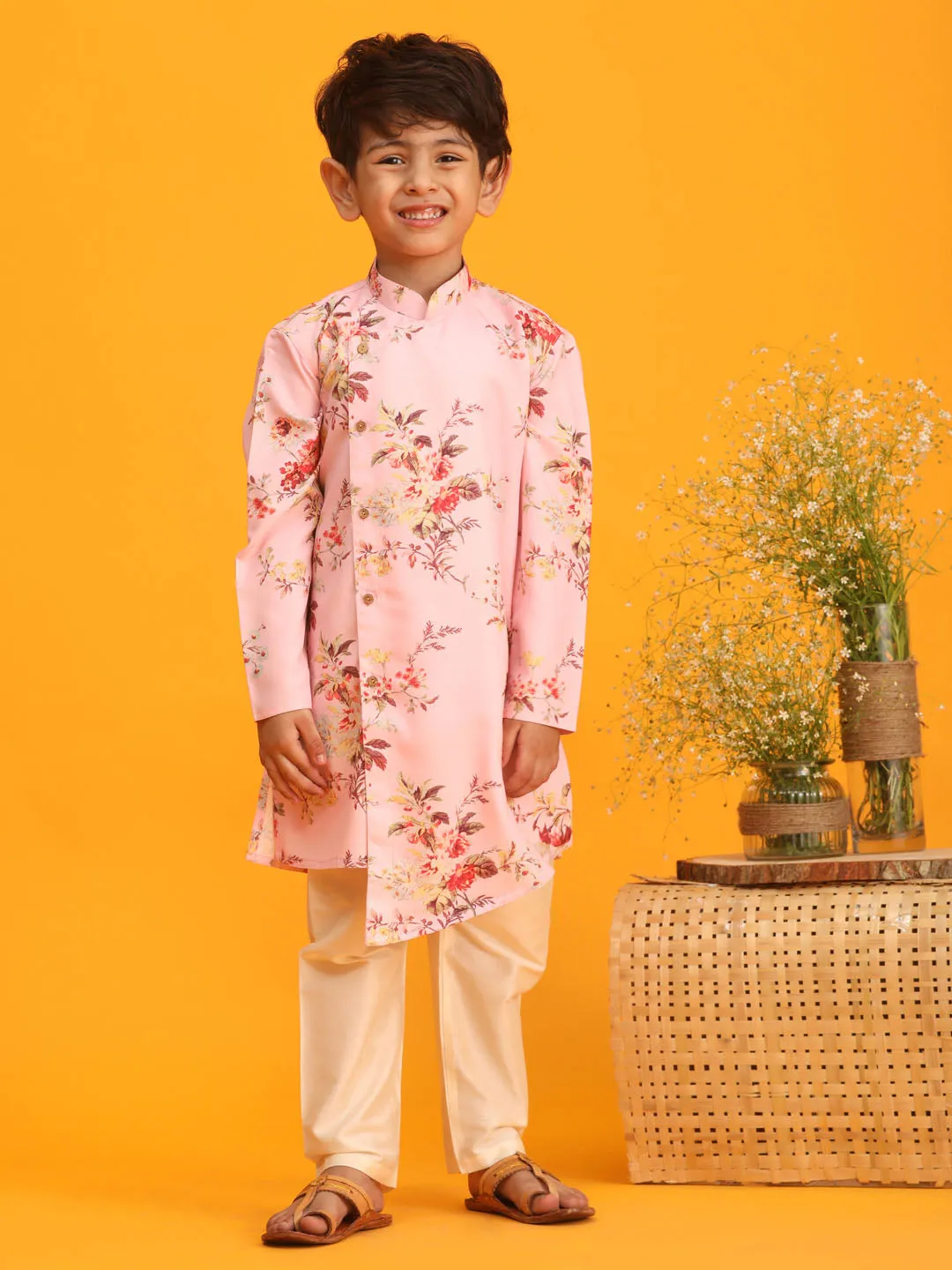 Boy's Multicolor Base Pink Kurta Pyjama Set - Vastramay Boys