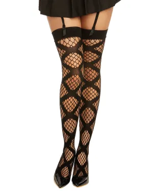 Dreamgirl Diamond-Net Thigh-High Stockings with X Design Detail and Plain Top Black One Size