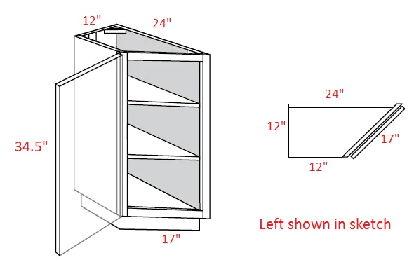 EB10-BTC2412L Elegant White Assembled 12" Angle Base Cabinet