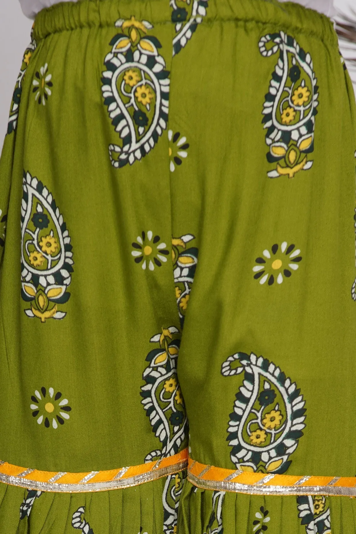 Girl's Cotton Floral Jaipuri Kurta With Gunghroo Work, Frill Sharara And Dupatta - Yellow And Green - Little Bansi Girls