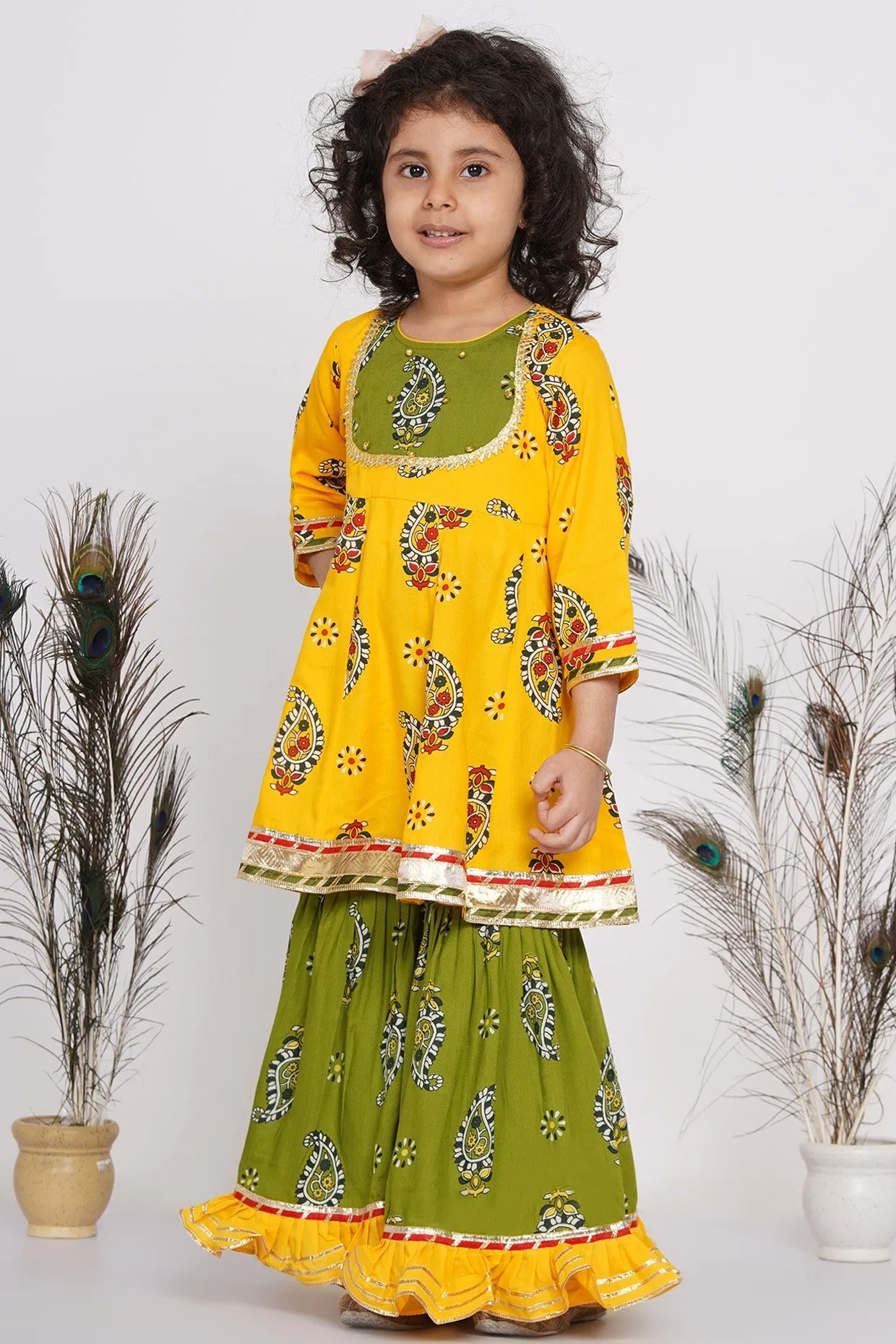 Girl's Cotton Floral Jaipuri Kurta With Gunghroo Work, Frill Sharara And Dupatta - Yellow And Green - Little Bansi Girls