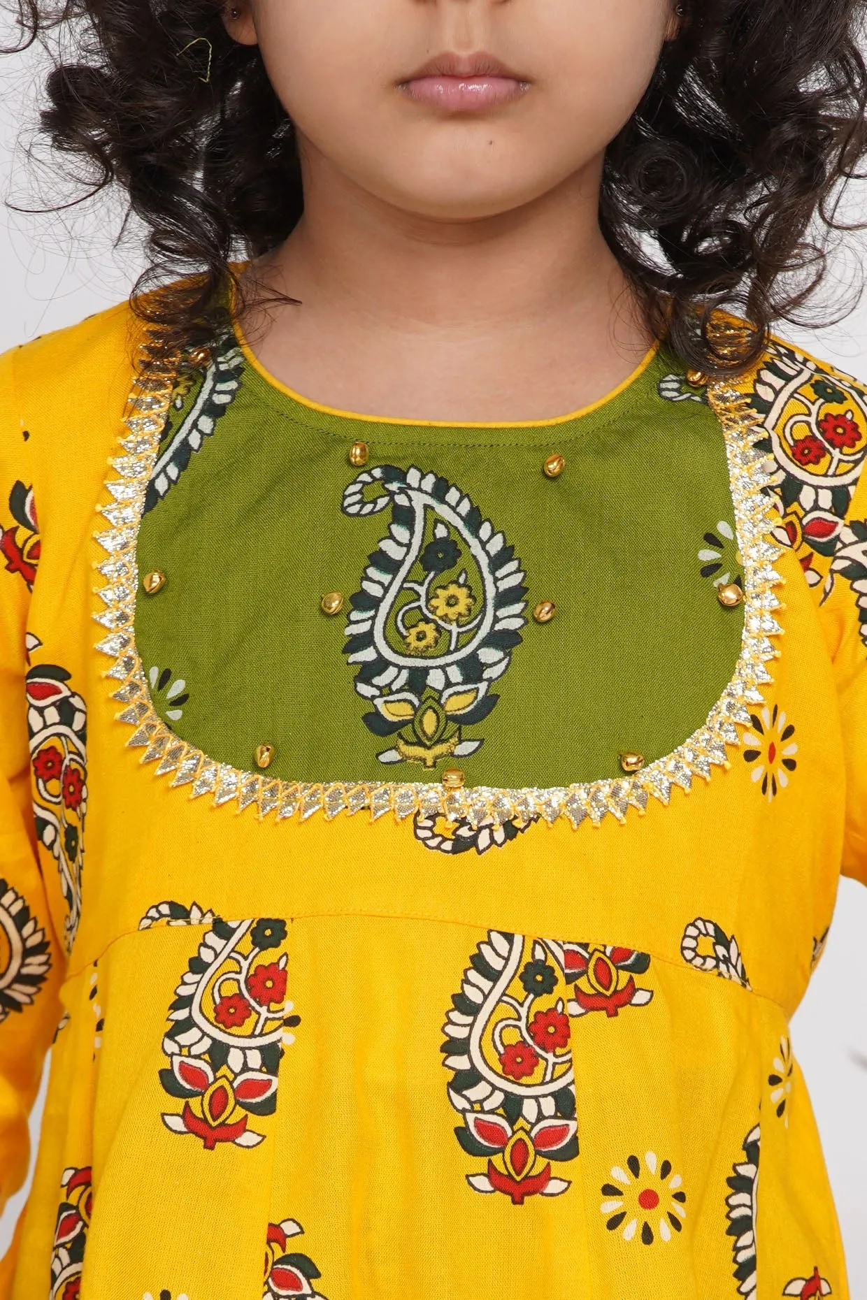 Girl's Cotton Floral Jaipuri Kurta With Gunghroo Work, Frill Sharara And Dupatta - Yellow And Green - Little Bansi Girls