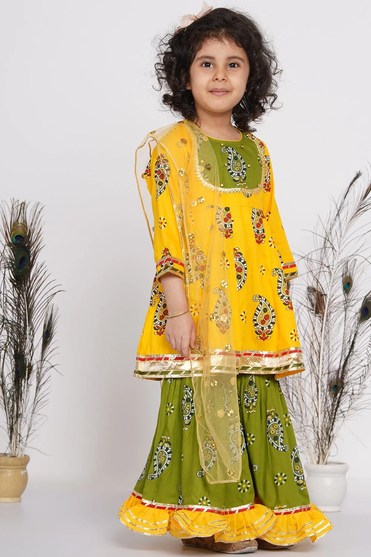 Girl's Cotton Floral Jaipuri Kurta With Gunghroo Work, Frill Sharara And Dupatta - Yellow And Green - Little Bansi Girls