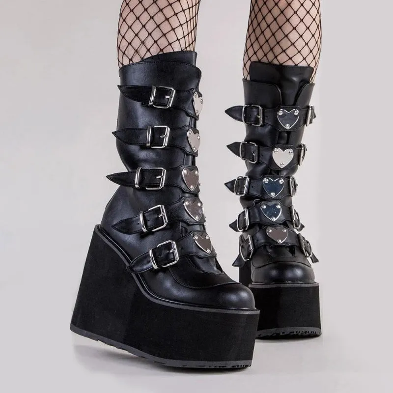 Gothic Platform with Cool Heart-Shaped Buckle Zip-up Vegan Leather Mid-Calf Boots