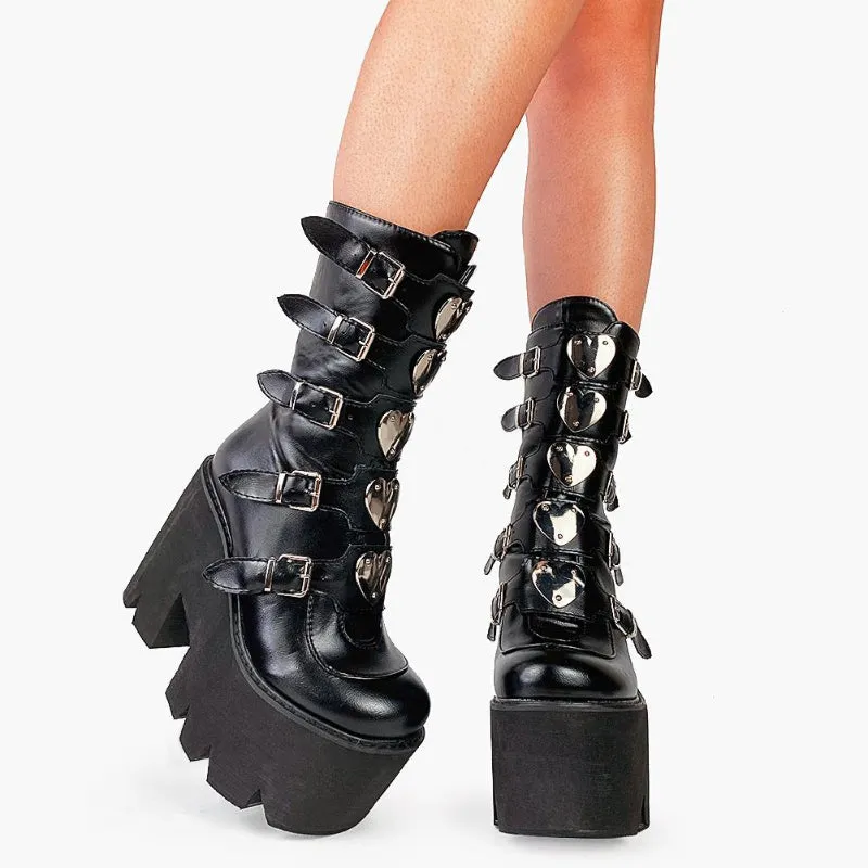 Gothic Platform with Cool Heart-Shaped Buckle Zip-up Vegan Leather Mid-Calf Boots