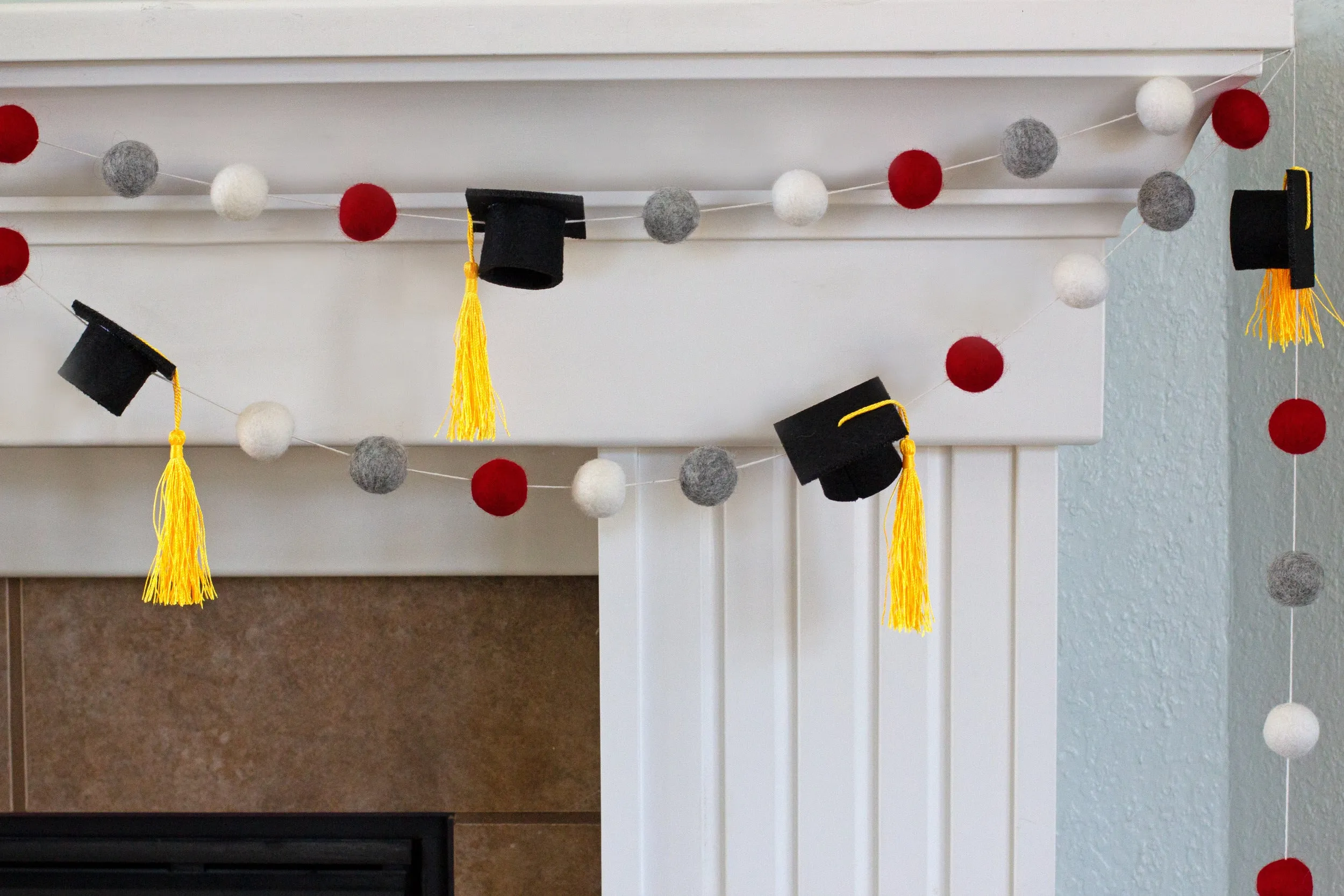 Graduation Cap Felt Garland- Red Gray White with GOLD tassels