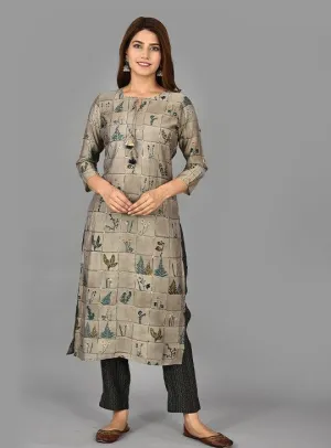 Grey Floral Printed Modal Kurta Pant Set