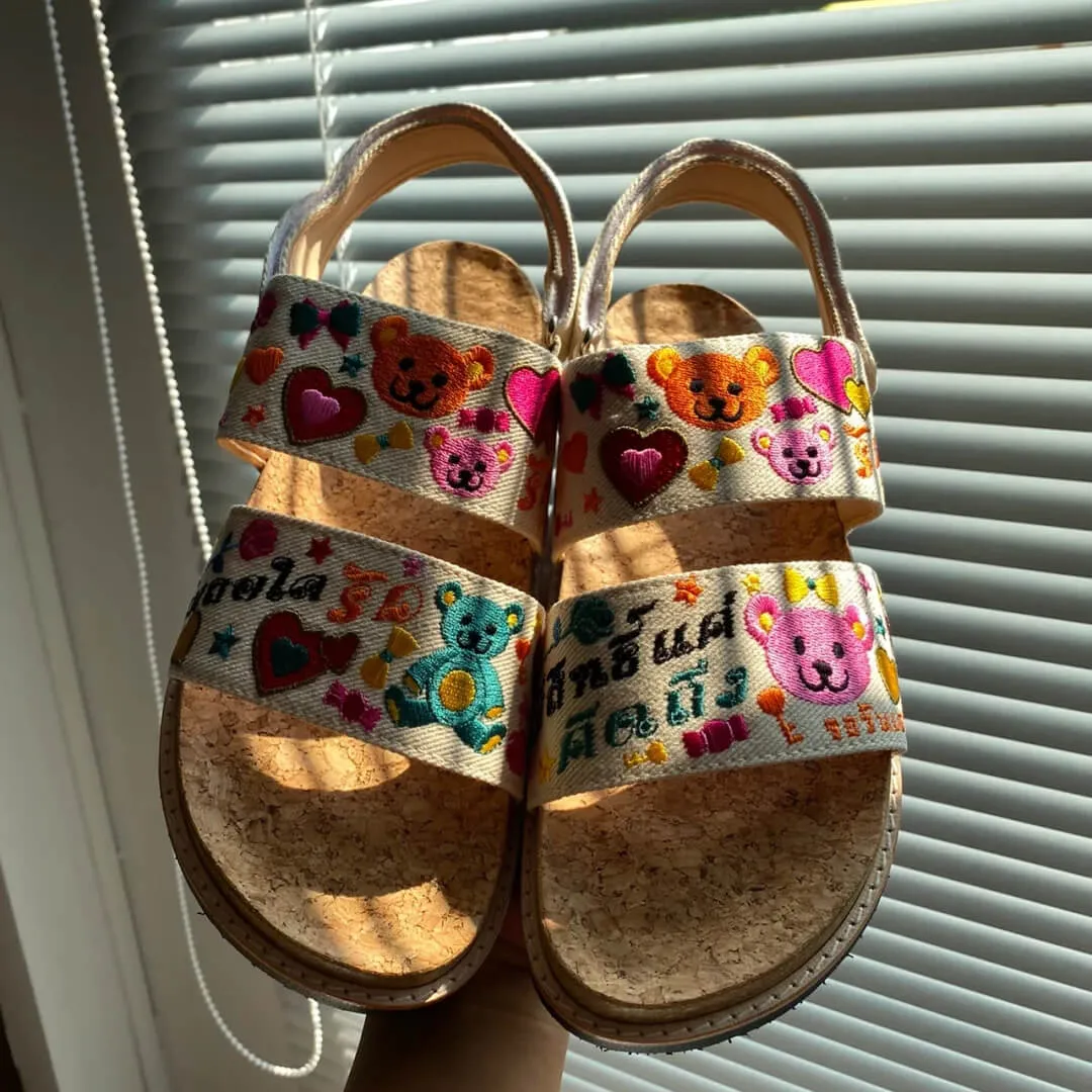 Happy Bears Embroidery Weirdcore Canvas Sandals