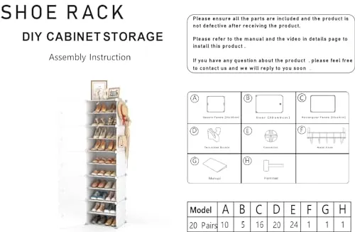 Homeland Plastic Shoe Rack - 10-White DIY Shoe Rack Organizer/Multi-Purpose Shoe Storage Cabinet with Door Expandable Portable and Folding Shoe Rack (10 Layer White)