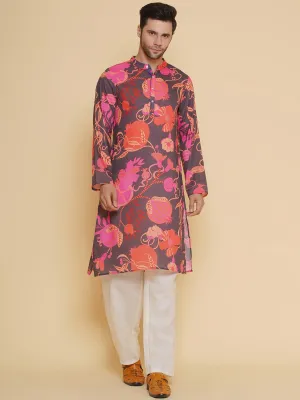 Jashvi Men Black & Red Digital Floral Print Festive Kurta Pyjamas