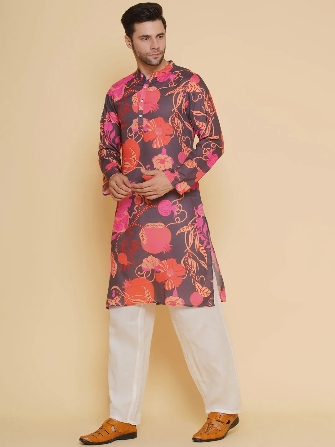 Jashvi Men Black & Red Digital Floral Print Festive Kurta Pyjamas