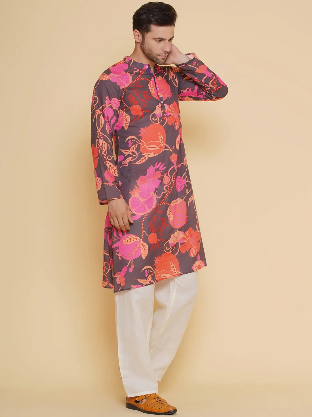 Jashvi Men Black & Red Digital Floral Print Festive Kurta Pyjamas