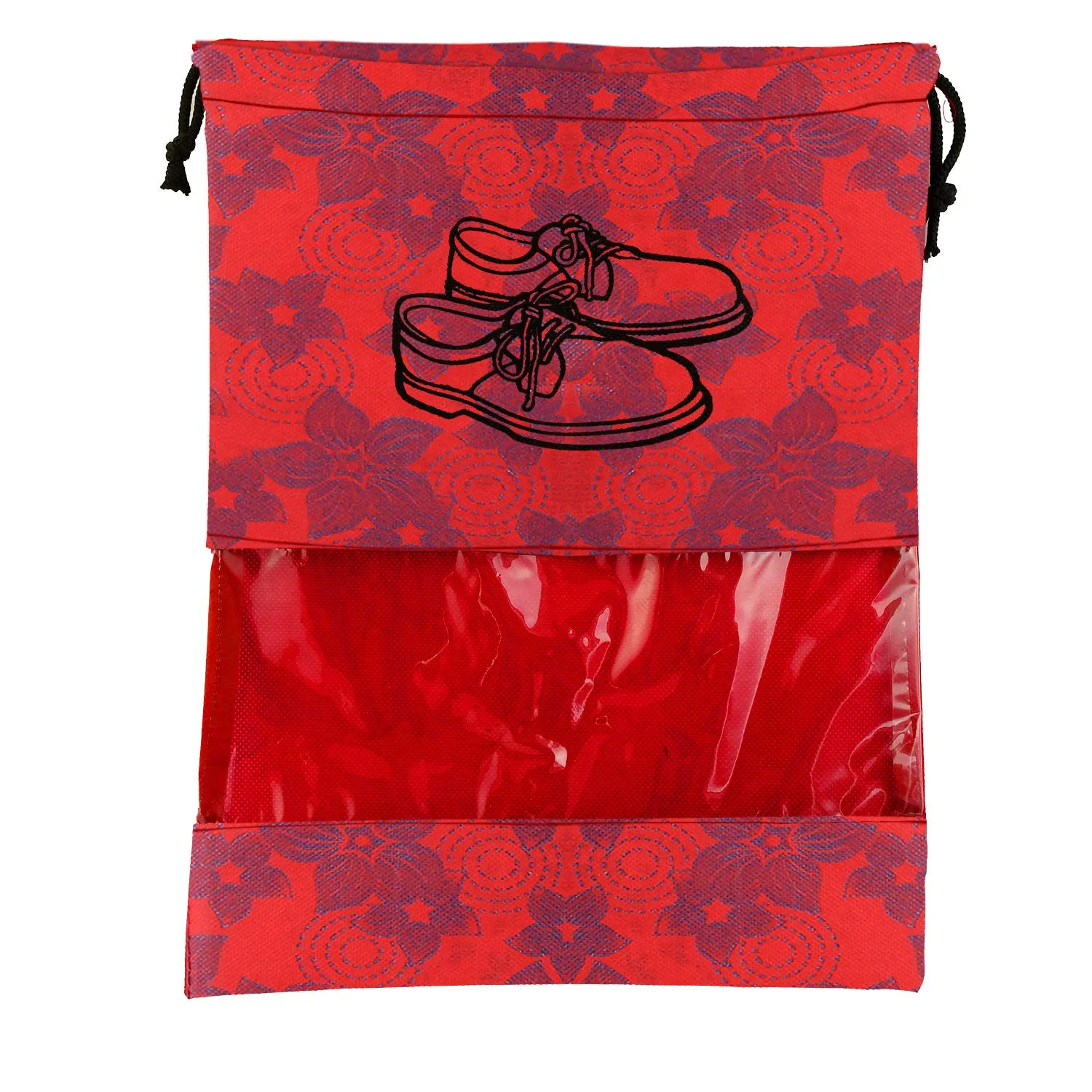 Kuber Industries Metalic Floral Design 12 Piece Non Woven Travel Shoe Cover, String Bag Organizer, Red -CTMTC039535