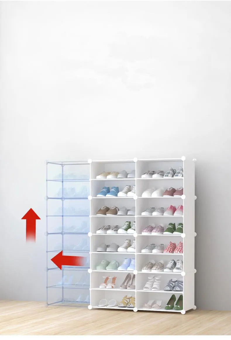 Kuber Industries Pack of 3 Shoes Cabinet |2 Column 8-Tier Foldable Shoe Rack Organizer for Closet | Plastic Shoe Shelf Collapsible Shoes Storage Box | Shoe Cabinet with Lids | JL2C8TWH | White