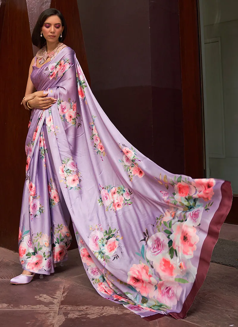 Lavender Floral Printed Festive Saree