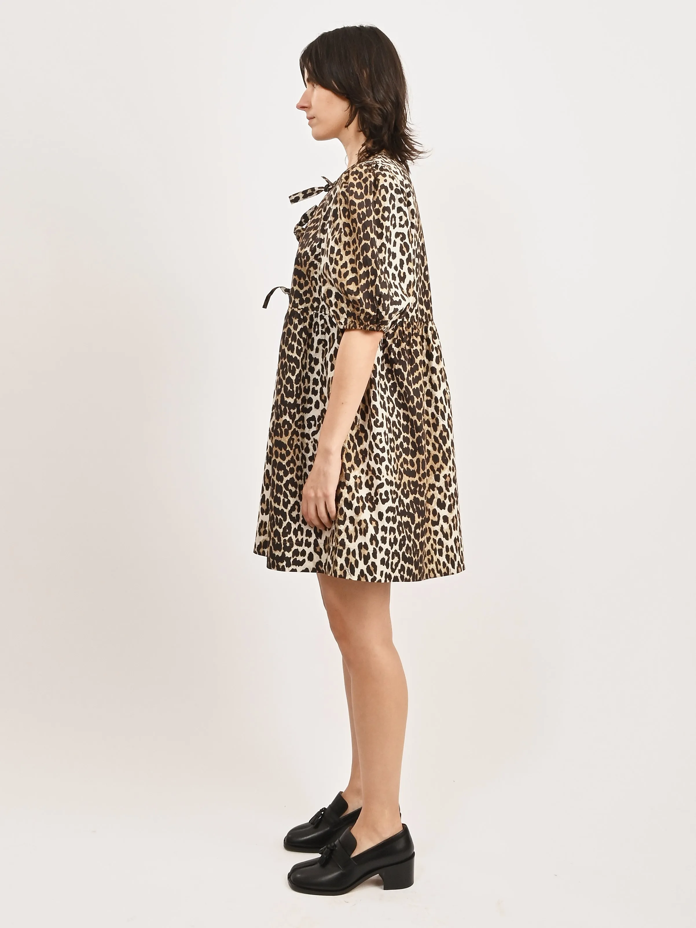 Leopard Printed Cotton Tie String Mini Dress