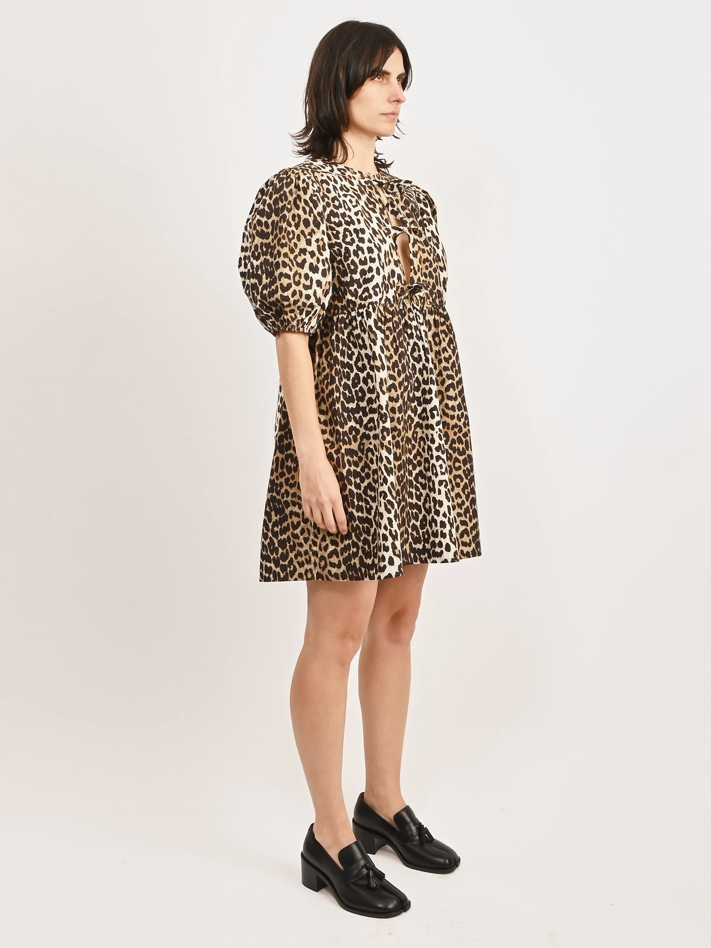 Leopard Printed Cotton Tie String Mini Dress