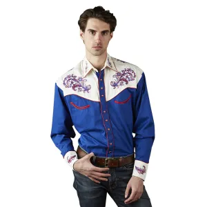 Men’s Vintage 2-Tone Royal Blue & White Western Shirt with Floral Embroidery