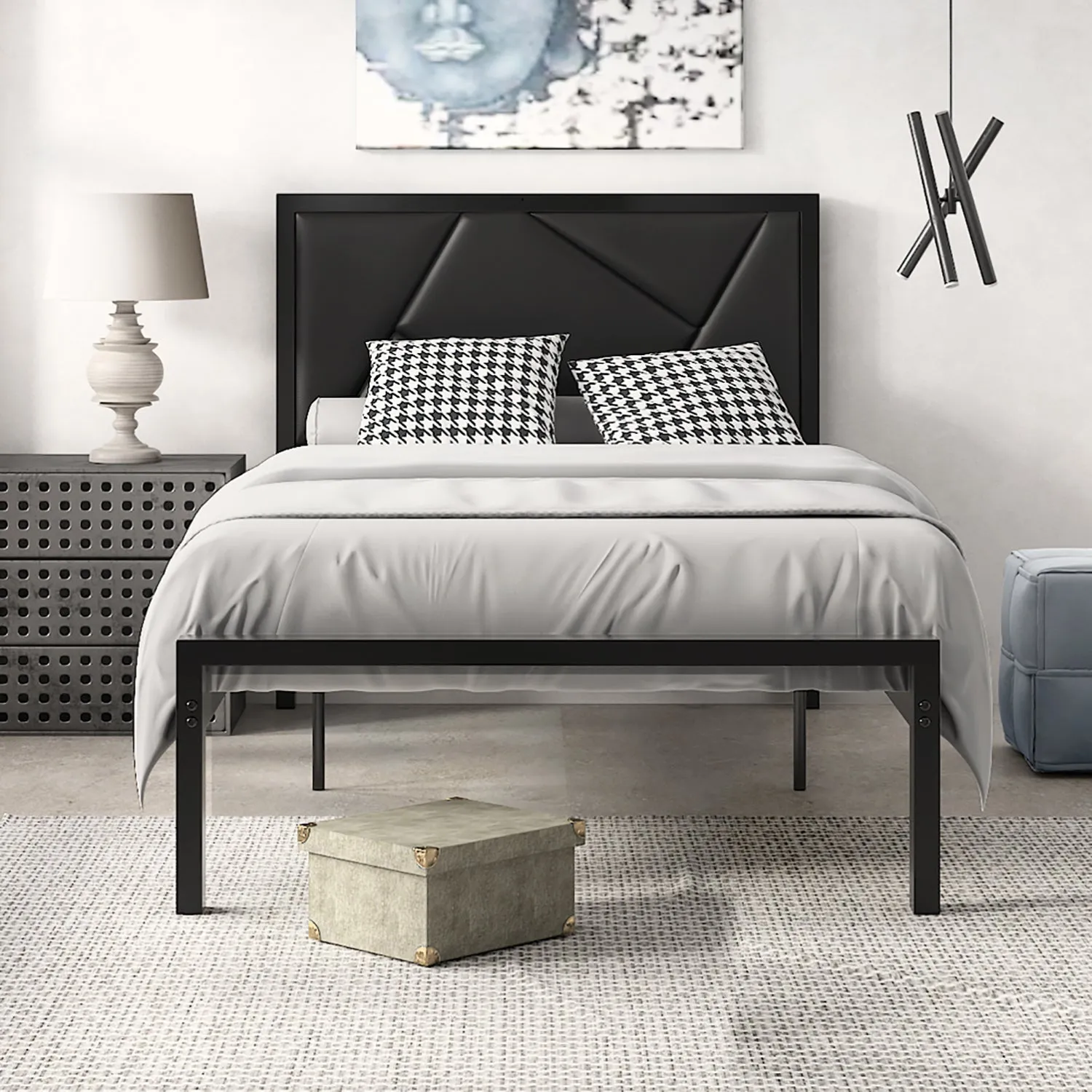 Metal Bed Frame with Geometric Litchi Grain Leather Headboard