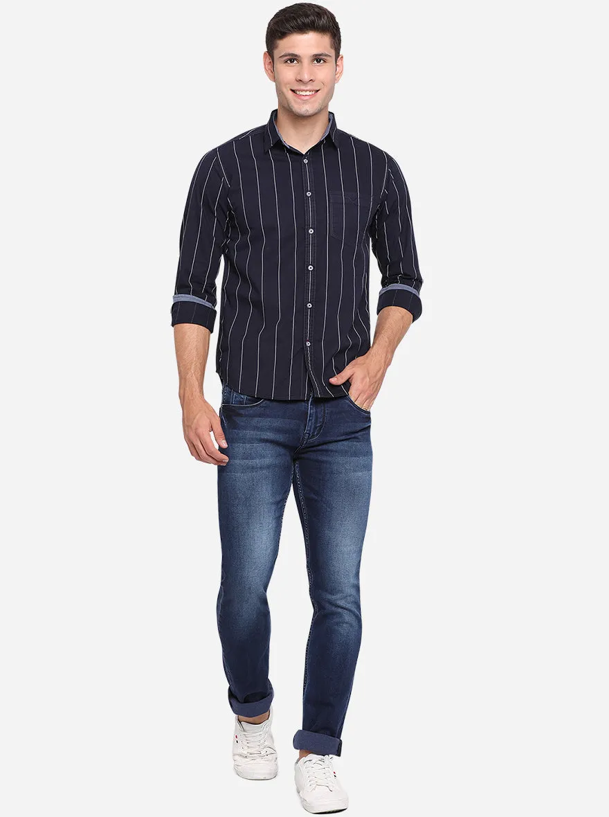 Navy Blue & White Striped Slim Fit Semi Casual Shirt | Greenfibre