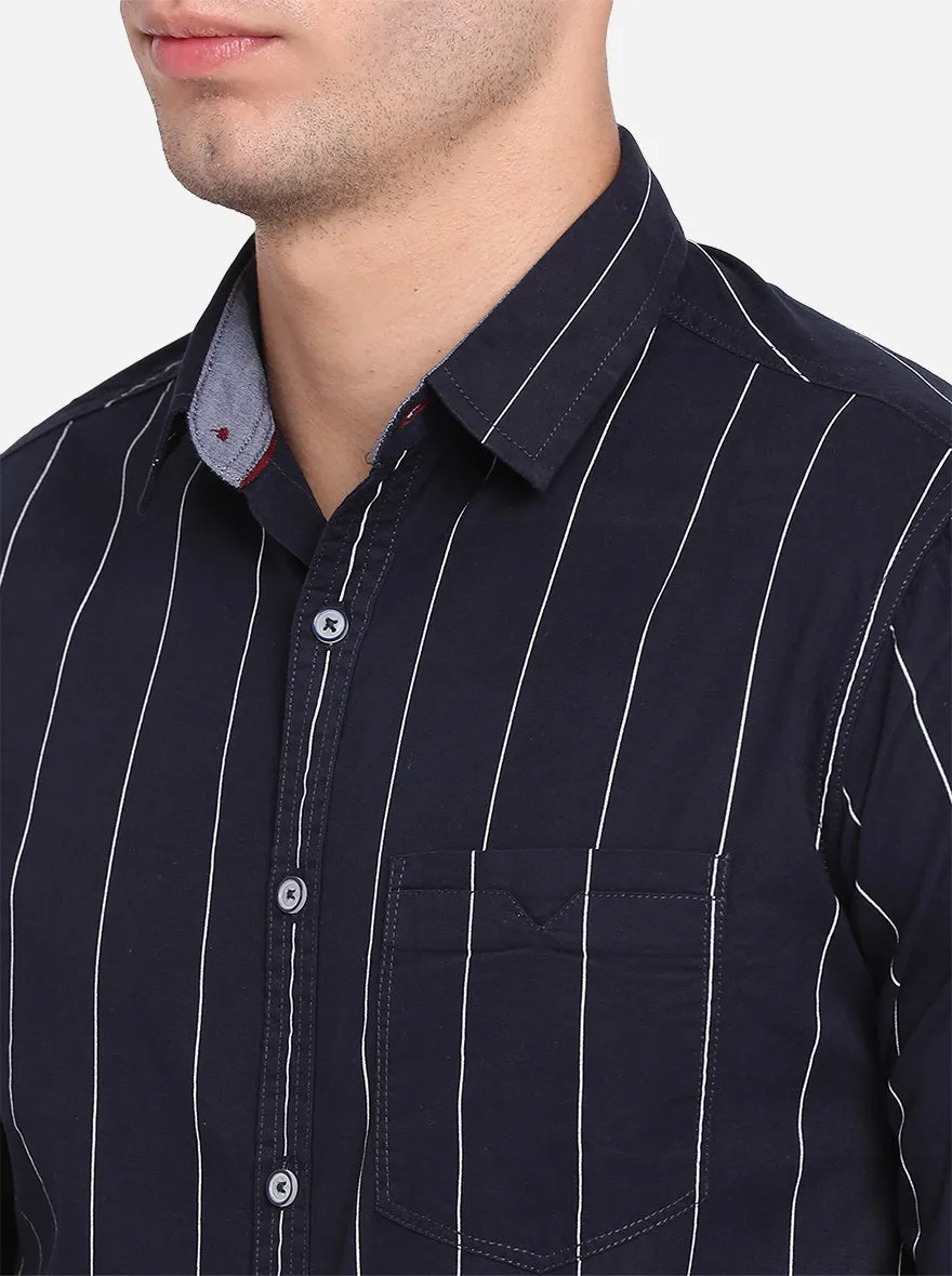 Navy Blue & White Striped Slim Fit Semi Casual Shirt | Greenfibre