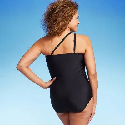 New - Lands' End Women's One Piece Swimwear Tummy Control One Shoulder Swimsuit UPF 50