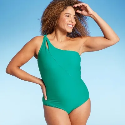 New - Lands' End Women's One Piece Swimwear Tummy Control One Shoulder Swimsuit UPF 50