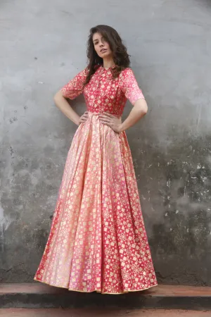 Peach Pink Ombre Ikat Printed Gown