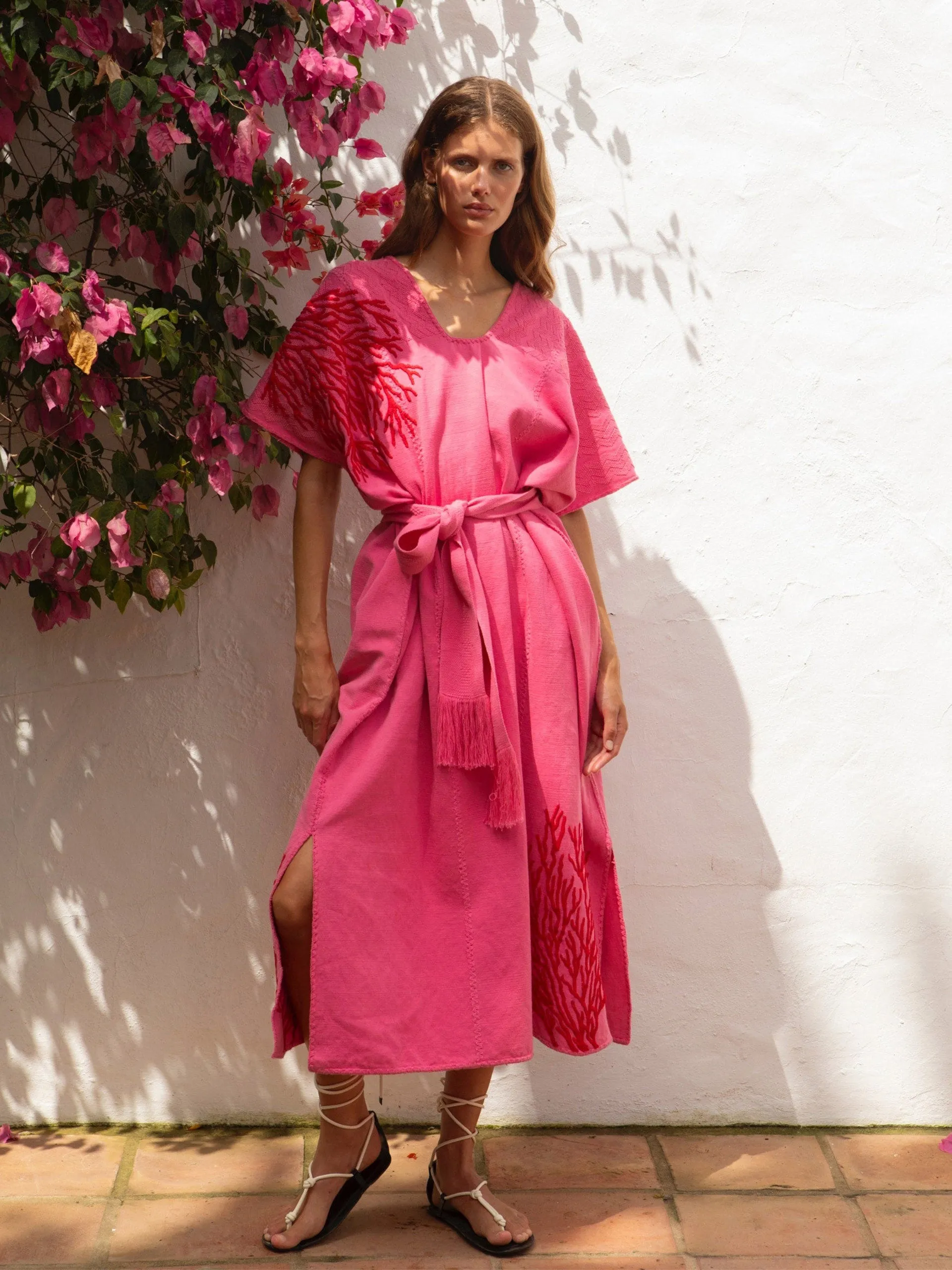 Pink embroidered coral midi kaftan