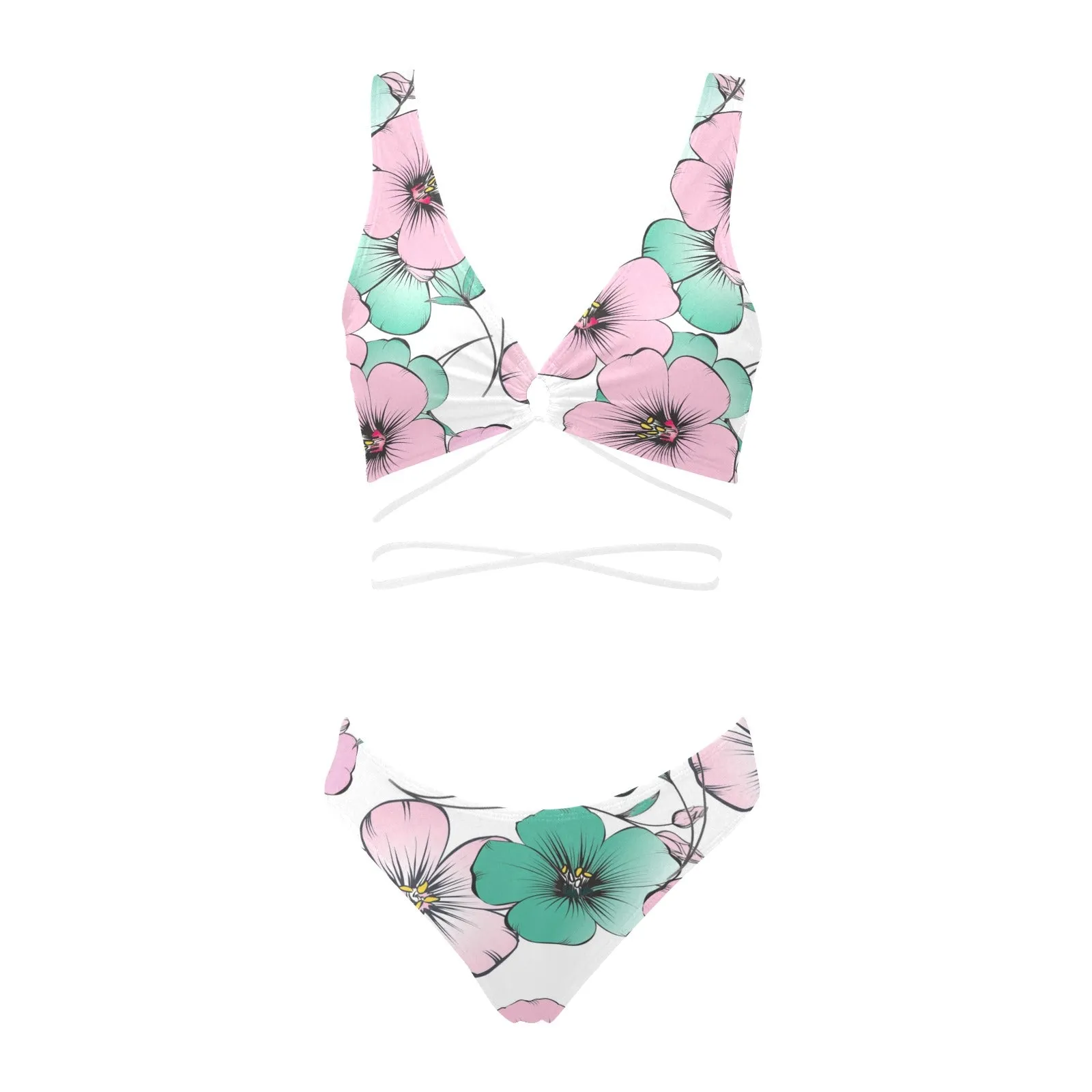 pink green floral mj shoes Cross String Bikini Set (Model S29)