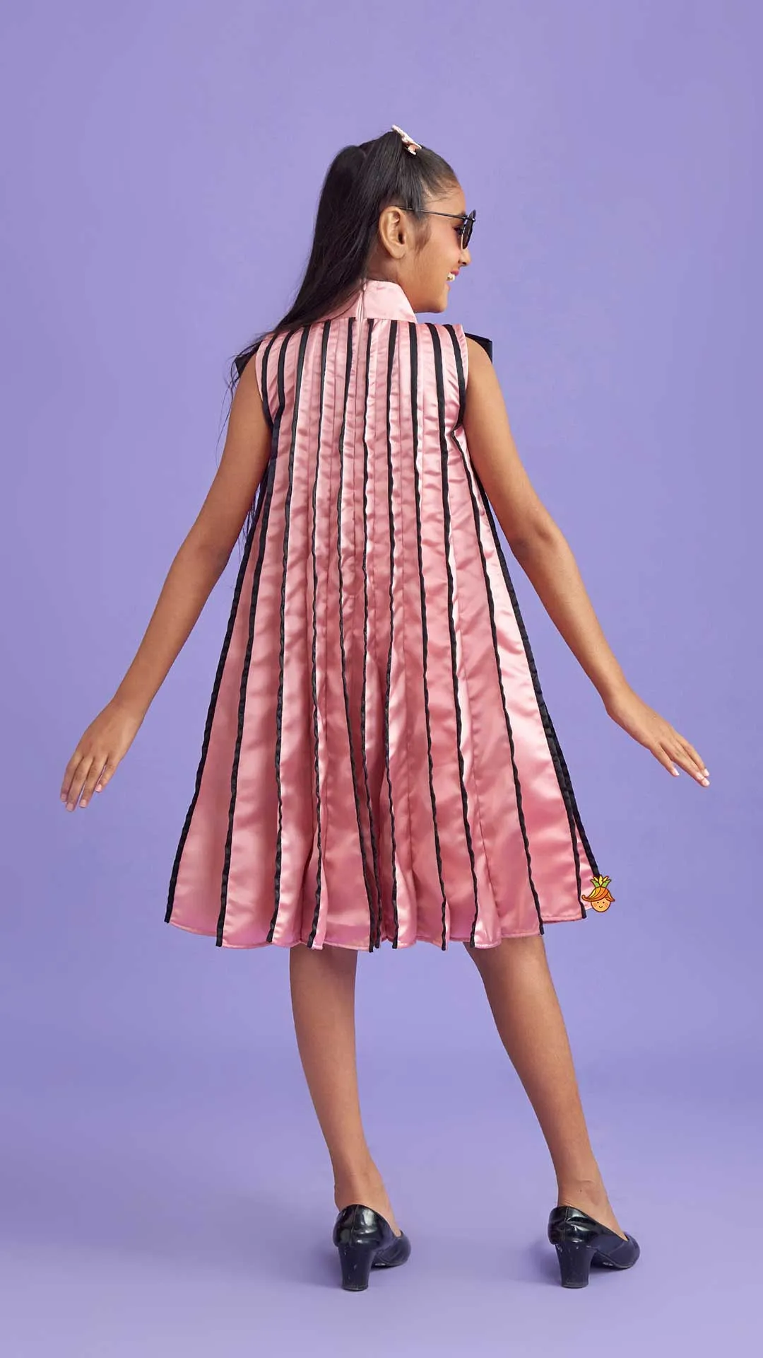 Pre Order: Charming Pink And Black Stylish Pleated Dress